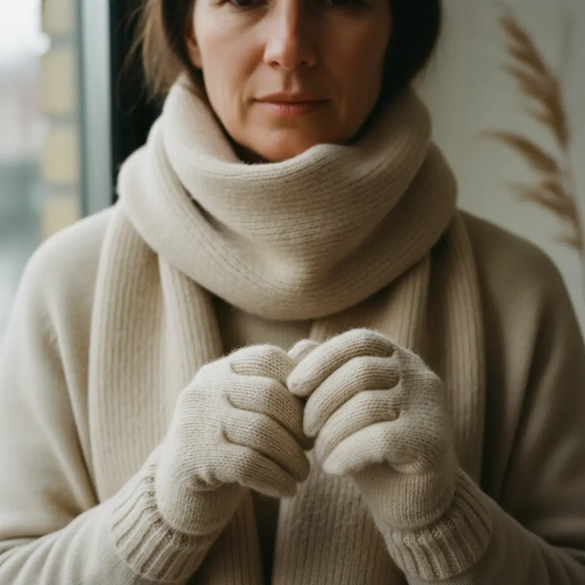Accessories and proportion: accessory scale balanced to the frame, a belt defining the waist, a scarf and hat framing