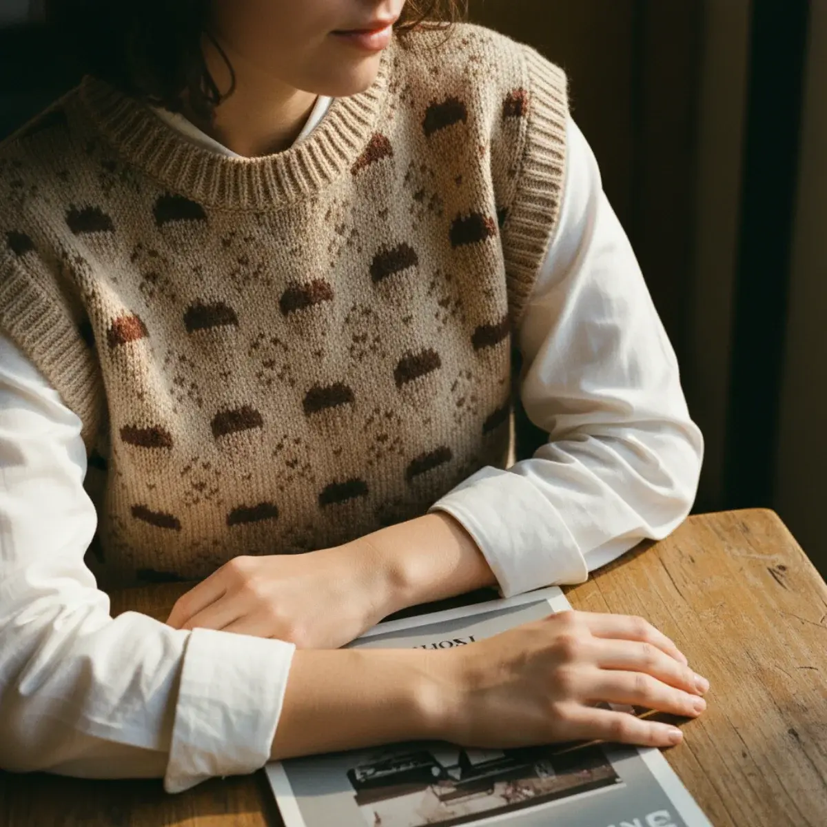 Cottagecore fall aesthetic: a floral midi dress with a chunky knit cardigan, tights, and ankle boots in earthy tones