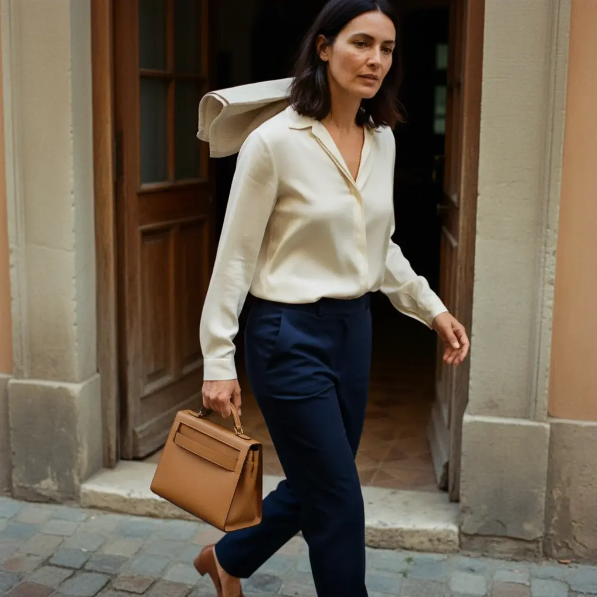 One outfit shown with a structured bag, a slouchy tote, and a clutch to show how a bag sets the dressiness