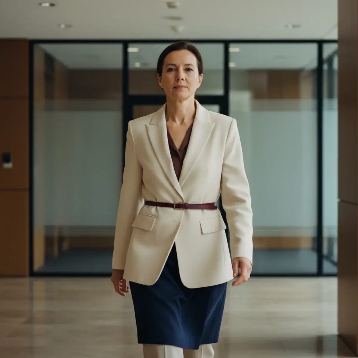Grid of belt outfits: a fine belt over a shift dress, a leather belt with tucked trousers, a belted coat
