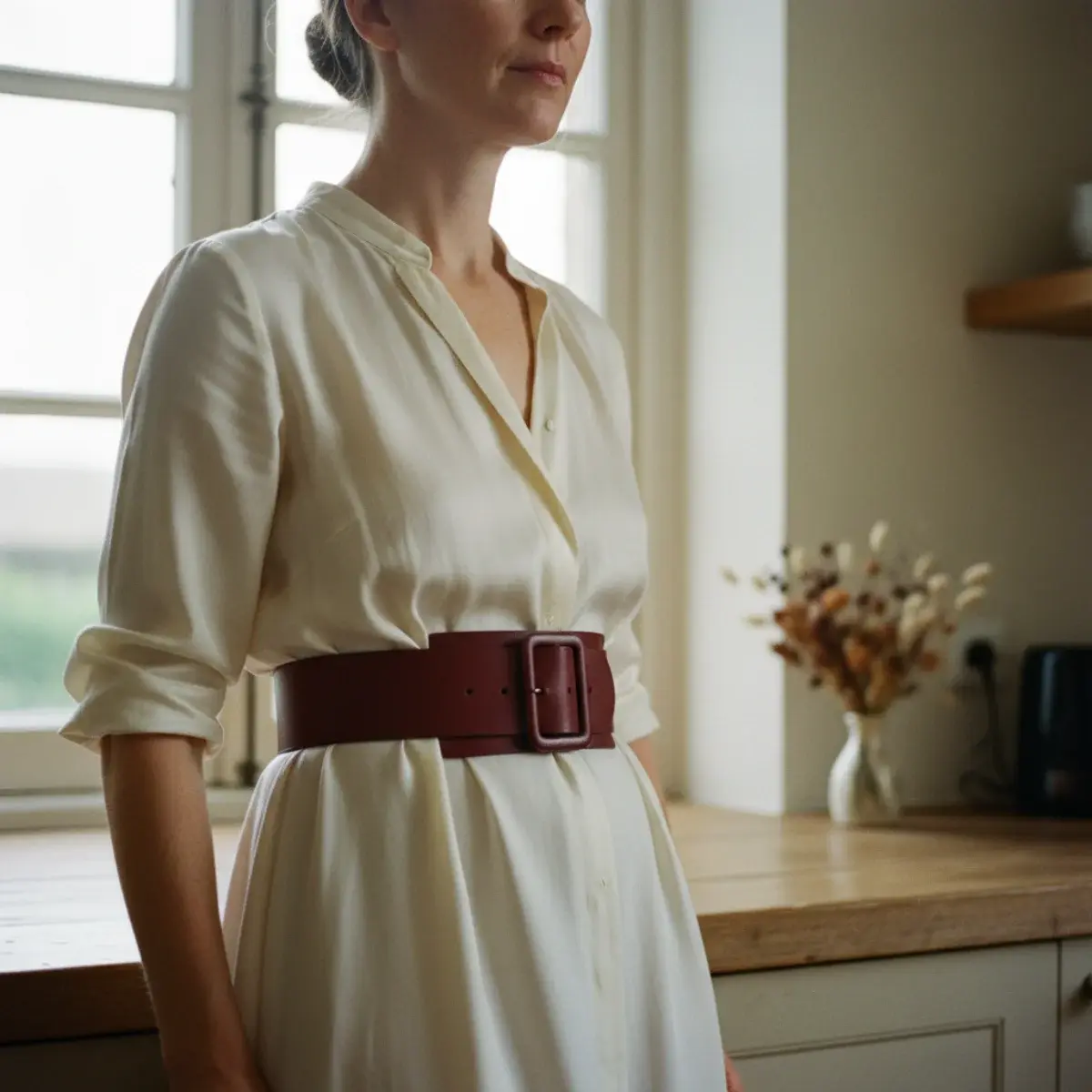 Belting a dress: a belt at the natural waist over a shift dress creating an hourglass shape, fine and wide belts