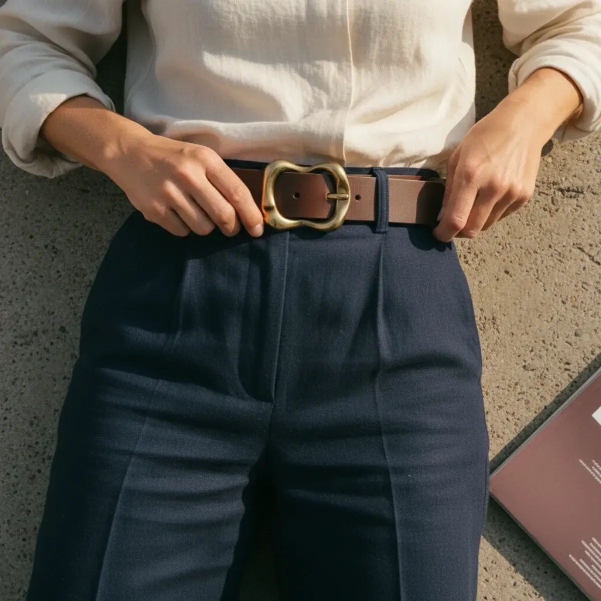 Belts with trousers and jeans: a classic leather belt finishing tucked trousers, a statement belt as a focal point