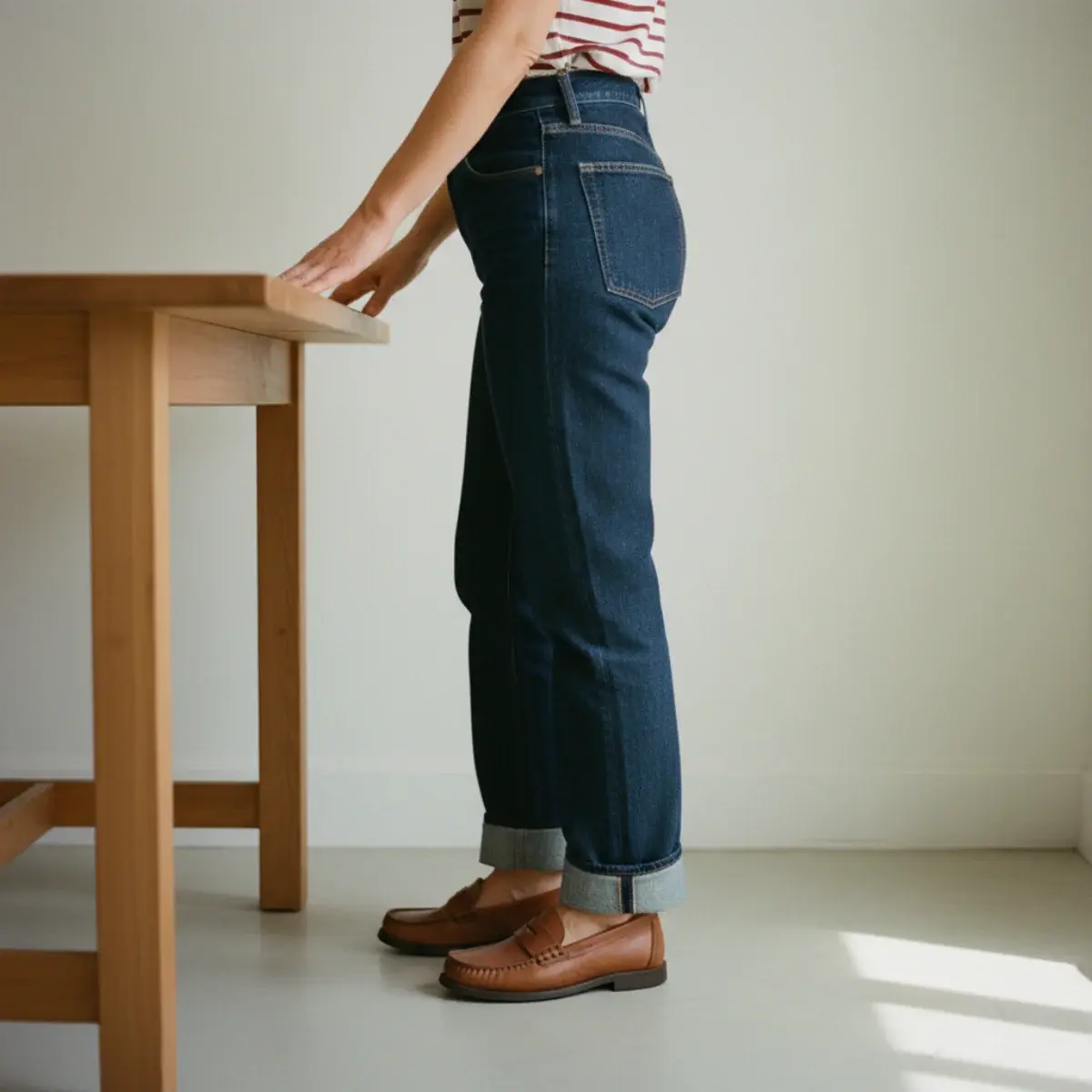 Three denim rules for the office: dark wash, clean and undistressed condition, and a tailored fit