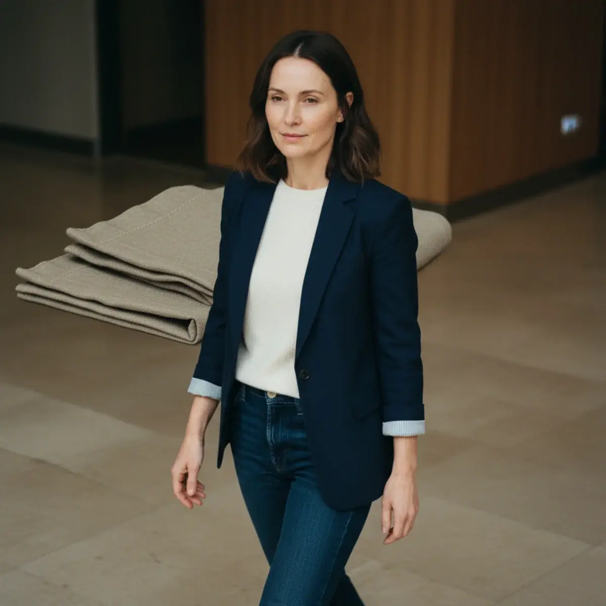 Business casual jeans across seasons: a light summer silk shirt and a layered winter roll-neck with a wool coat
