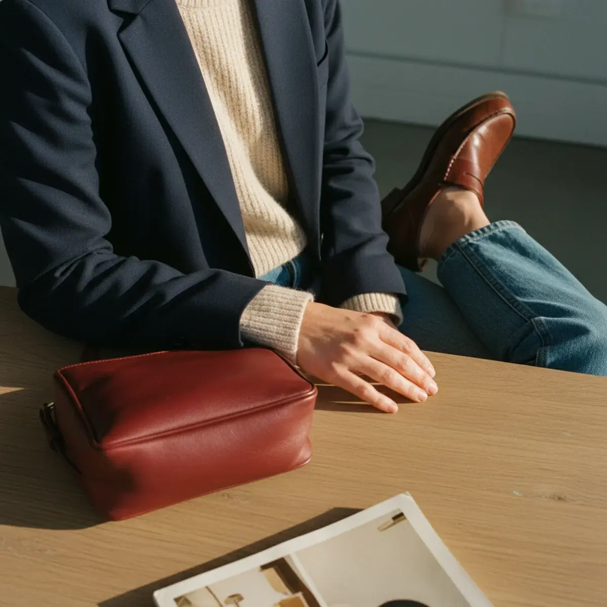 Styling jeans up for the office: a blazer, a tucked silk top, a structured bag, and loafers