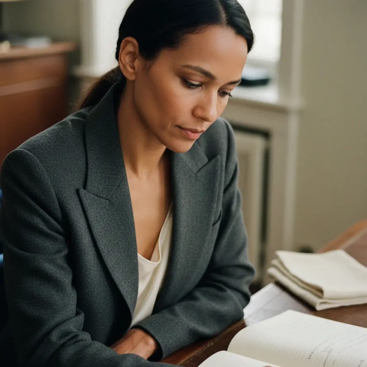 Woman in tailored trousers, a fine knit, and a blazer in neutral tones in a modern office