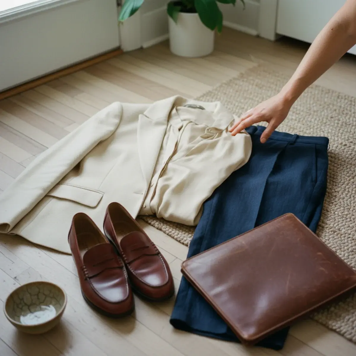 Business casual across seasons: light summer separates and a layered fall roll-neck with a wool coat