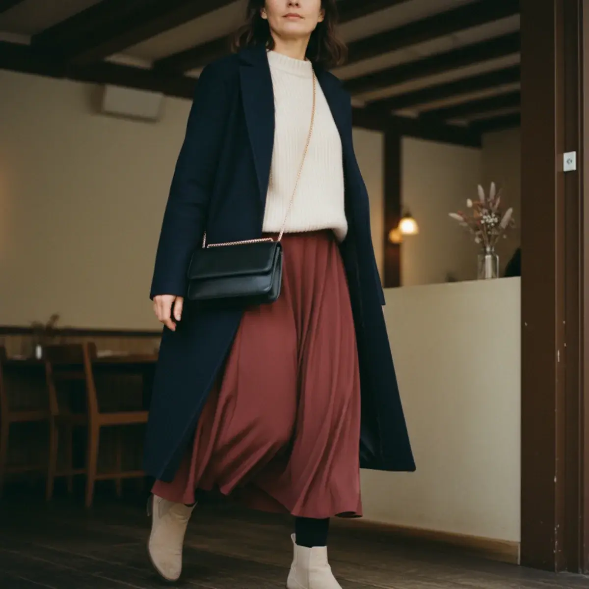 Dressing up a crossbody: a small structured leather crossbody and a chain-strap style with smart-casual outfits