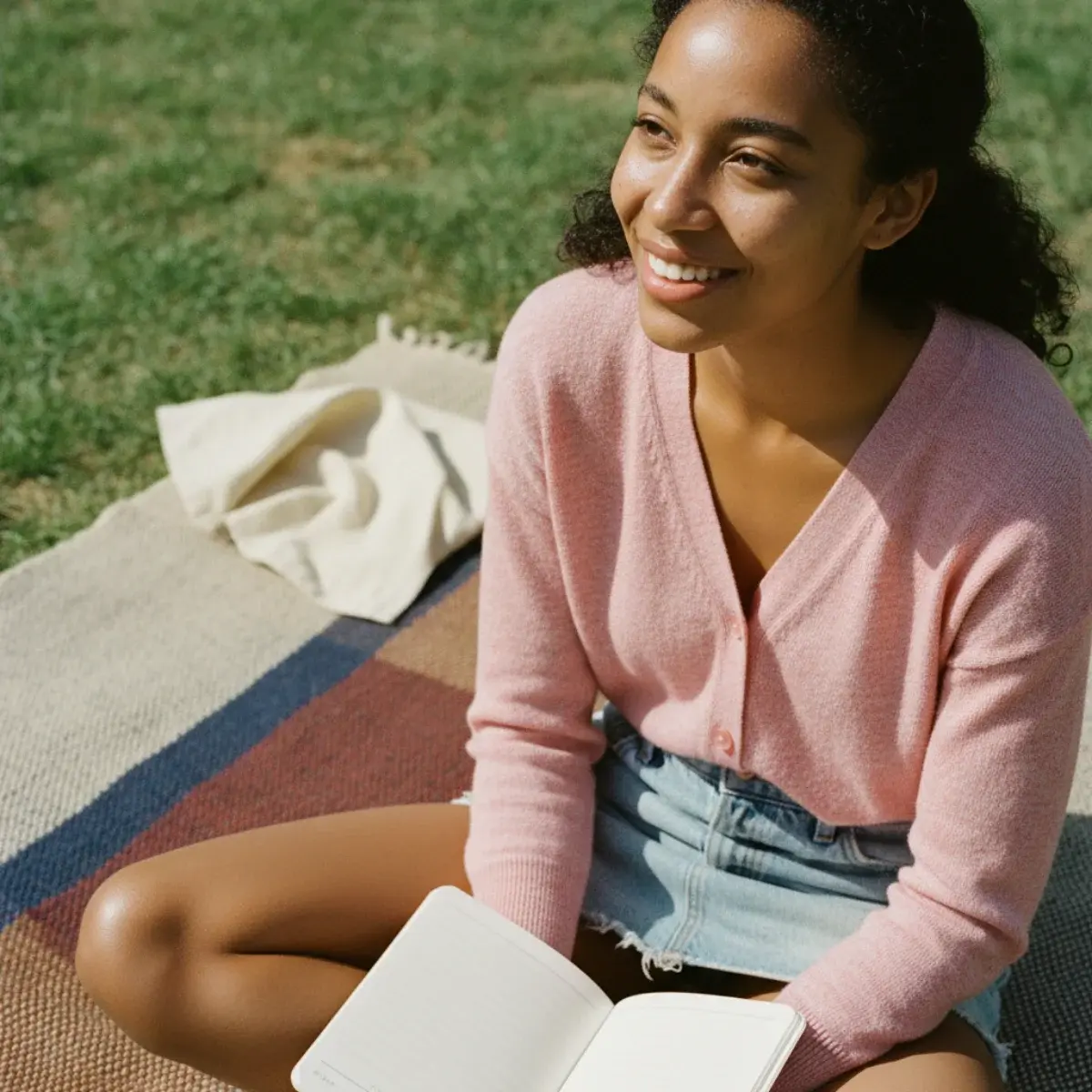 A practical campus outfit: good jeans, a fine knit, clean trainers, and a bag that carries a laptop and books