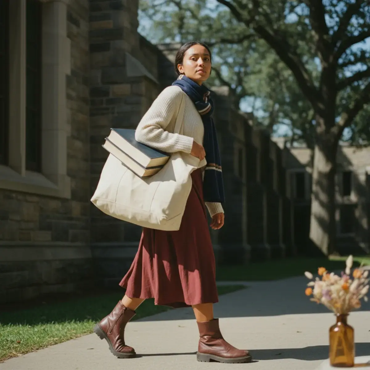 Grid of cute campus outfits: jeans and knit with trainers, casual dress and denim jacket, leggings and oversized knit