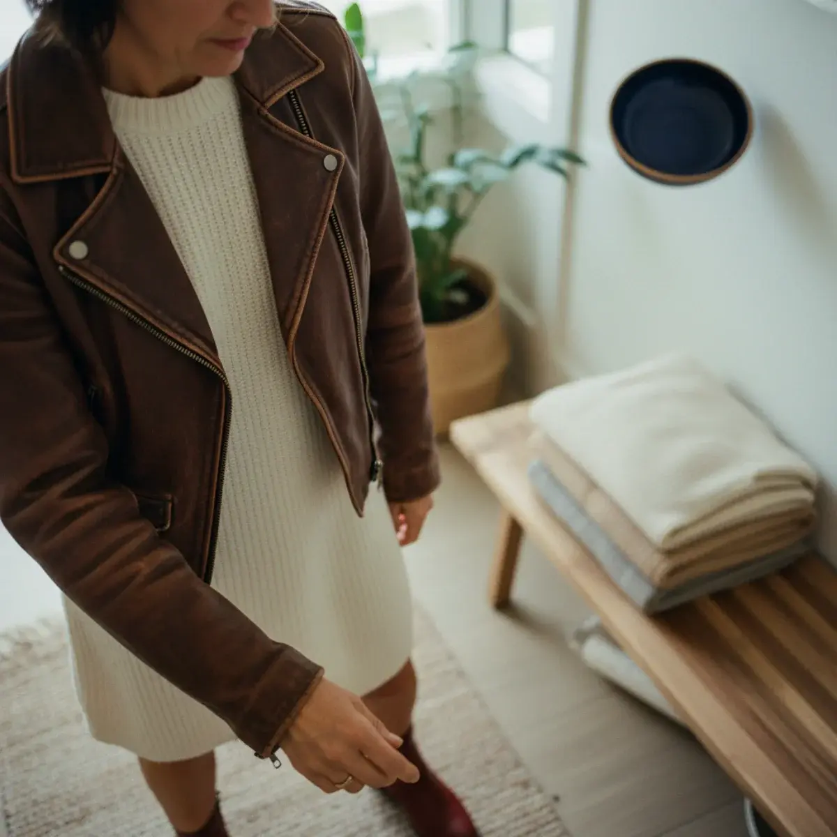 A dressy casual outfit shown for day and then evening with swapped shoes, a clutch, and a bolder lip