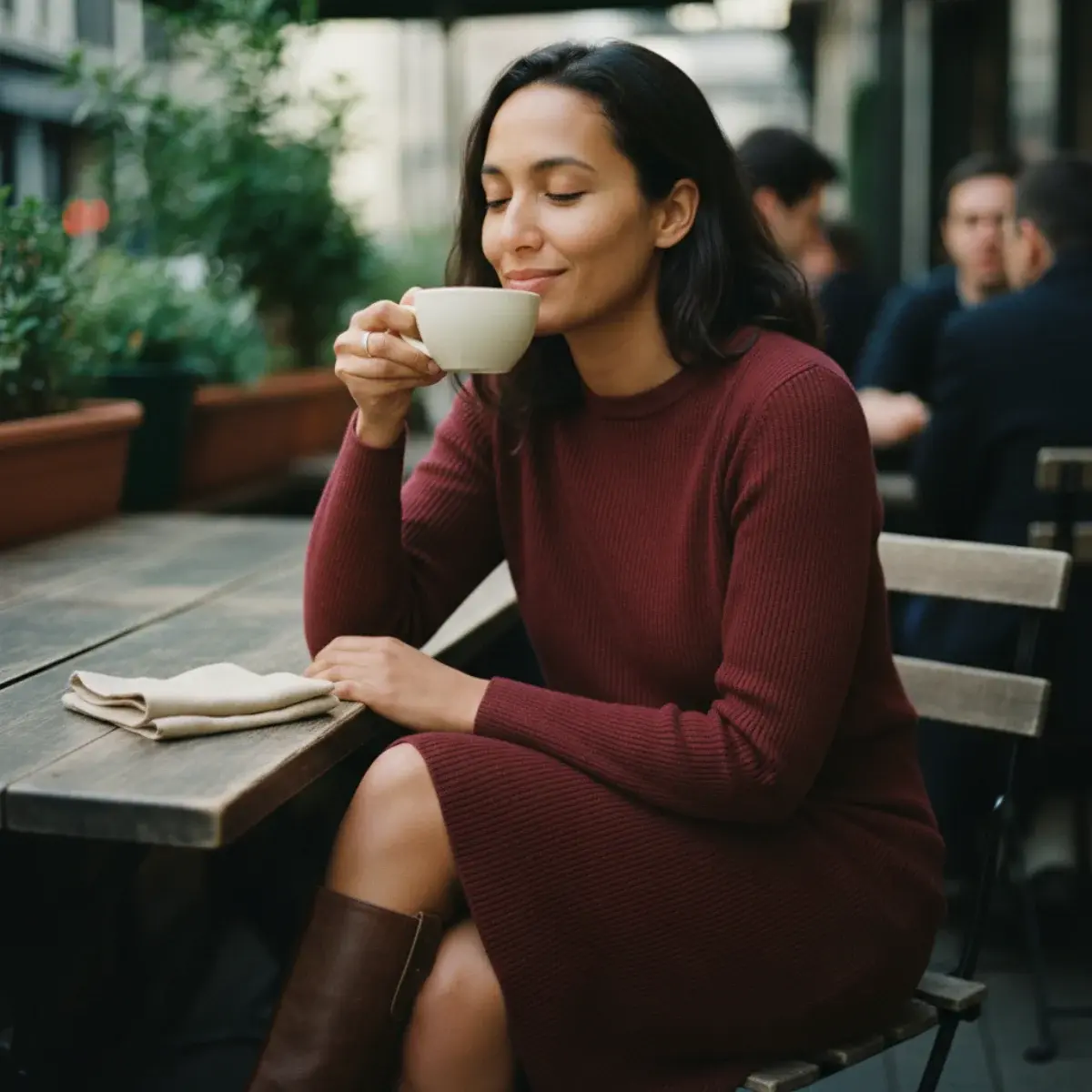 Woman in dressy separates — a silk top and tailored trousers with heeled mules — looking dressed up but relaxed