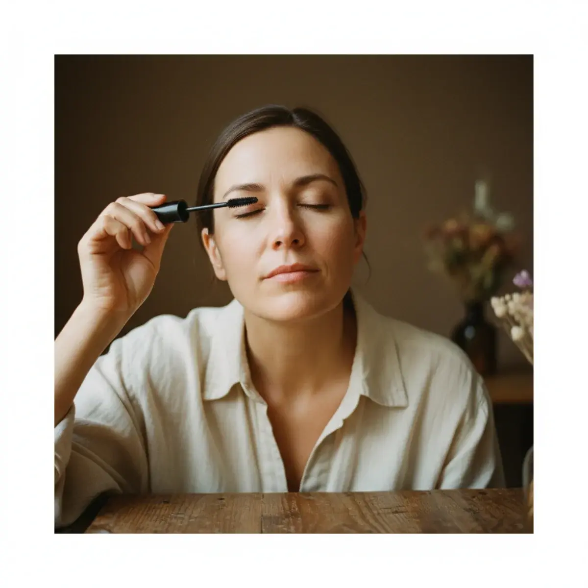 A minimal everyday makeup kit: moisturiser, SPF, light base, concealer, cream blush, brow product, mascara, lip balm