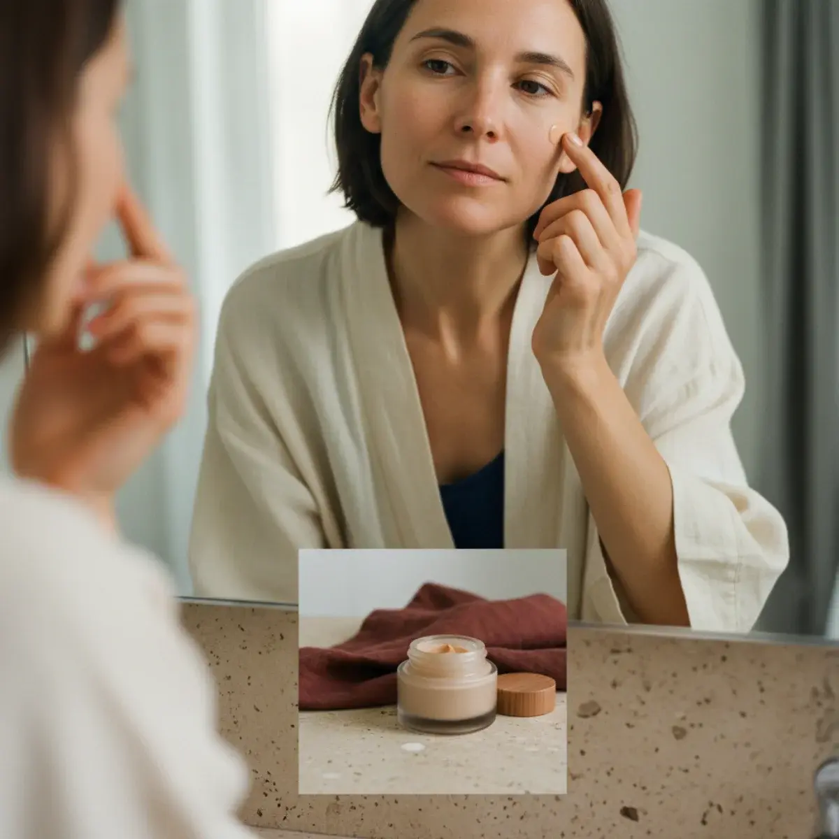 A natural everyday makeup look: even fresh skin, defined brows, a touch of blush, and mascara enhancing the features
