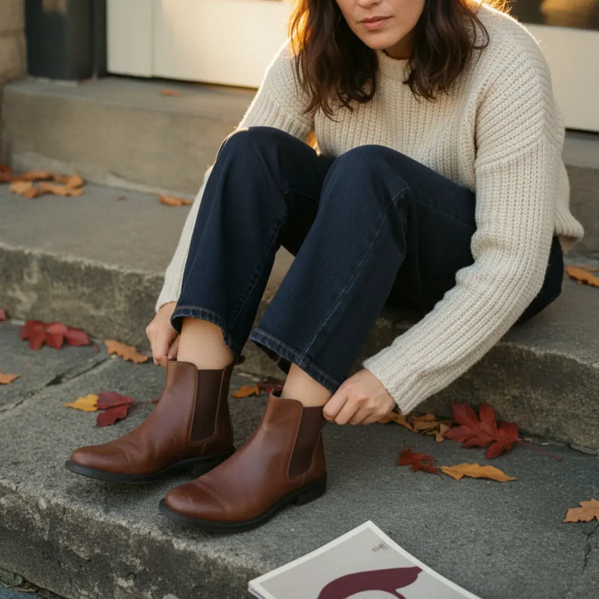 Three-weight fall layering: a fine base shirt, a cashmere knit, and an open wool coat with a scarf