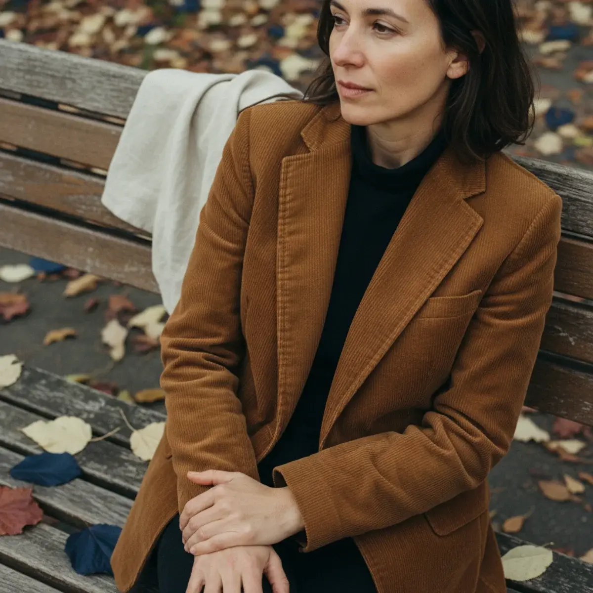 A fall outfit: a camel knit over a shirt with denim, an ankle boot, and a wool coat in warm tones
