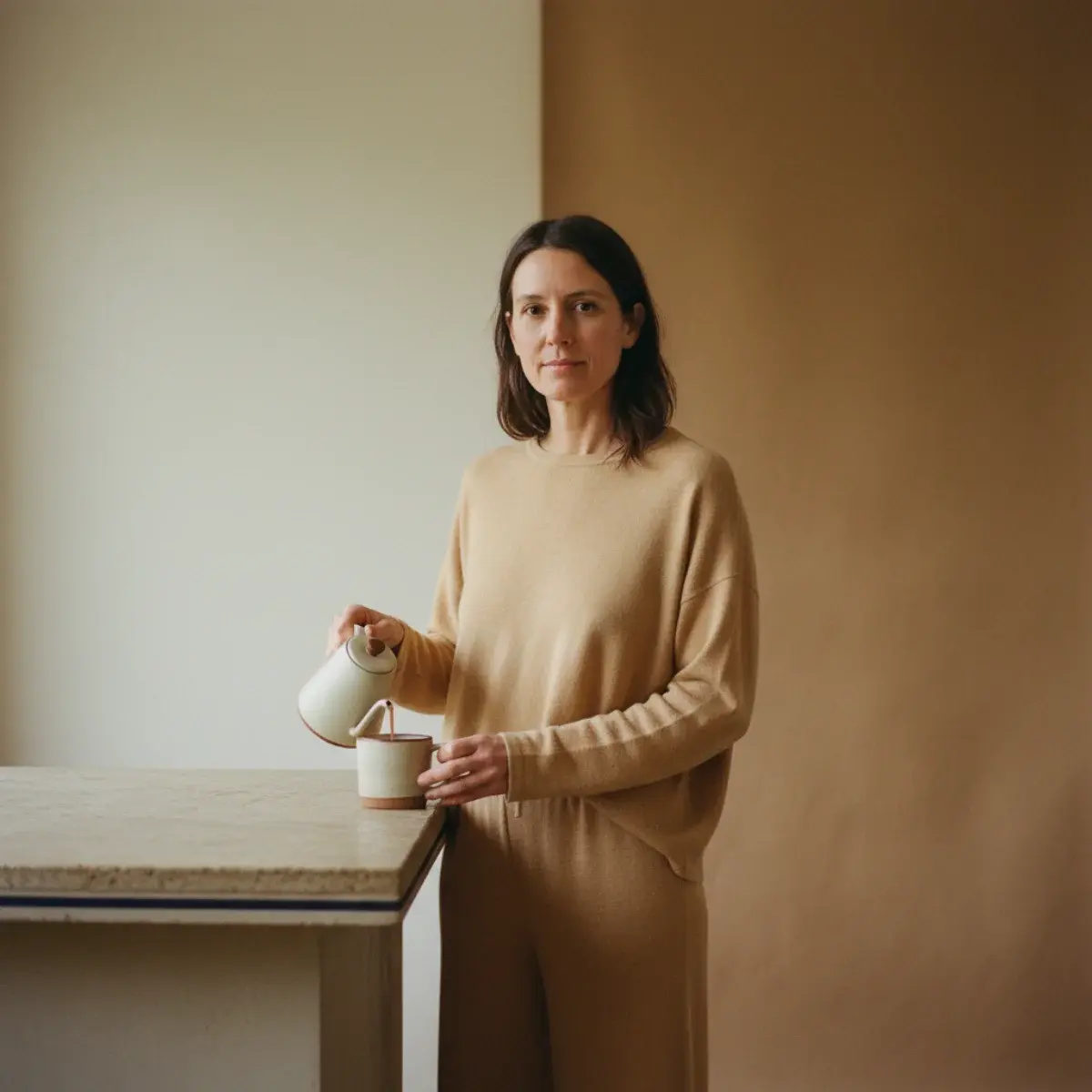 A long cream cashmere maxi cardigan worn open over a fitted oatmeal long-sleeve and charcoal lounge trousers, paired with brown leather slippers