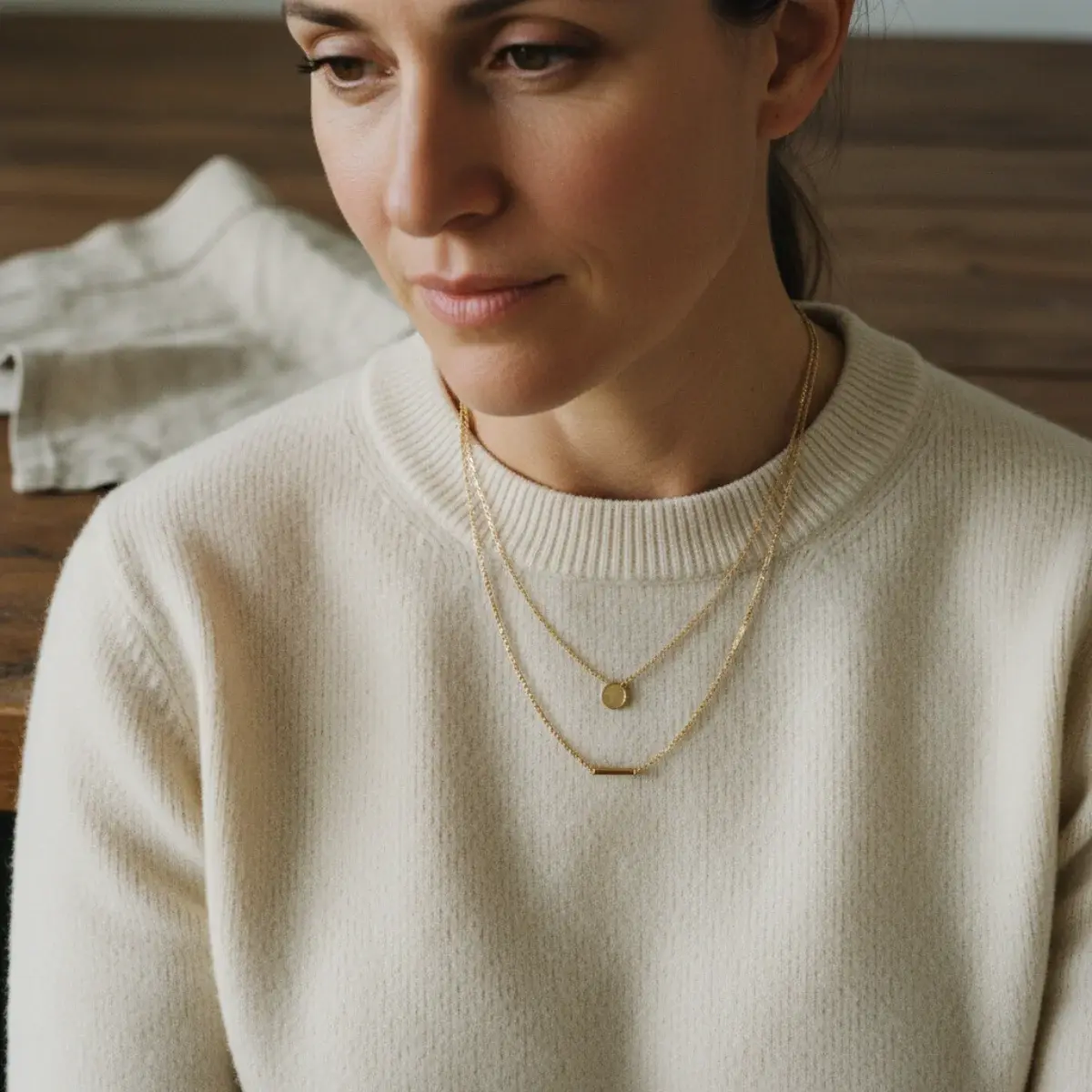 Preventing tangling: graduated lengths, similar-weight chains, and a layering clasp holding necklaces at fixed spacing