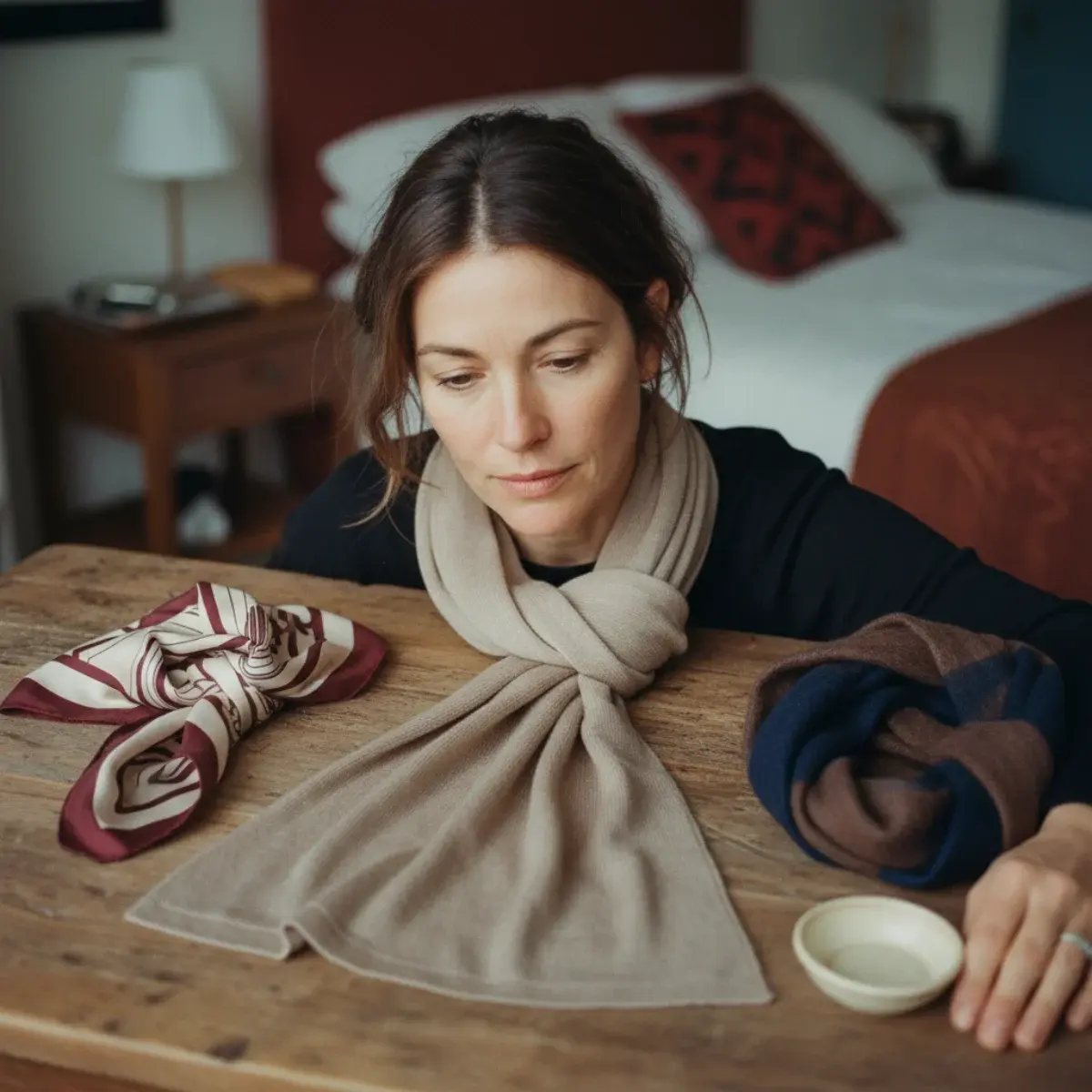 Choosing scarves: a versatile silk square in a classic print and a neutral wool wrap, sizes for different uses