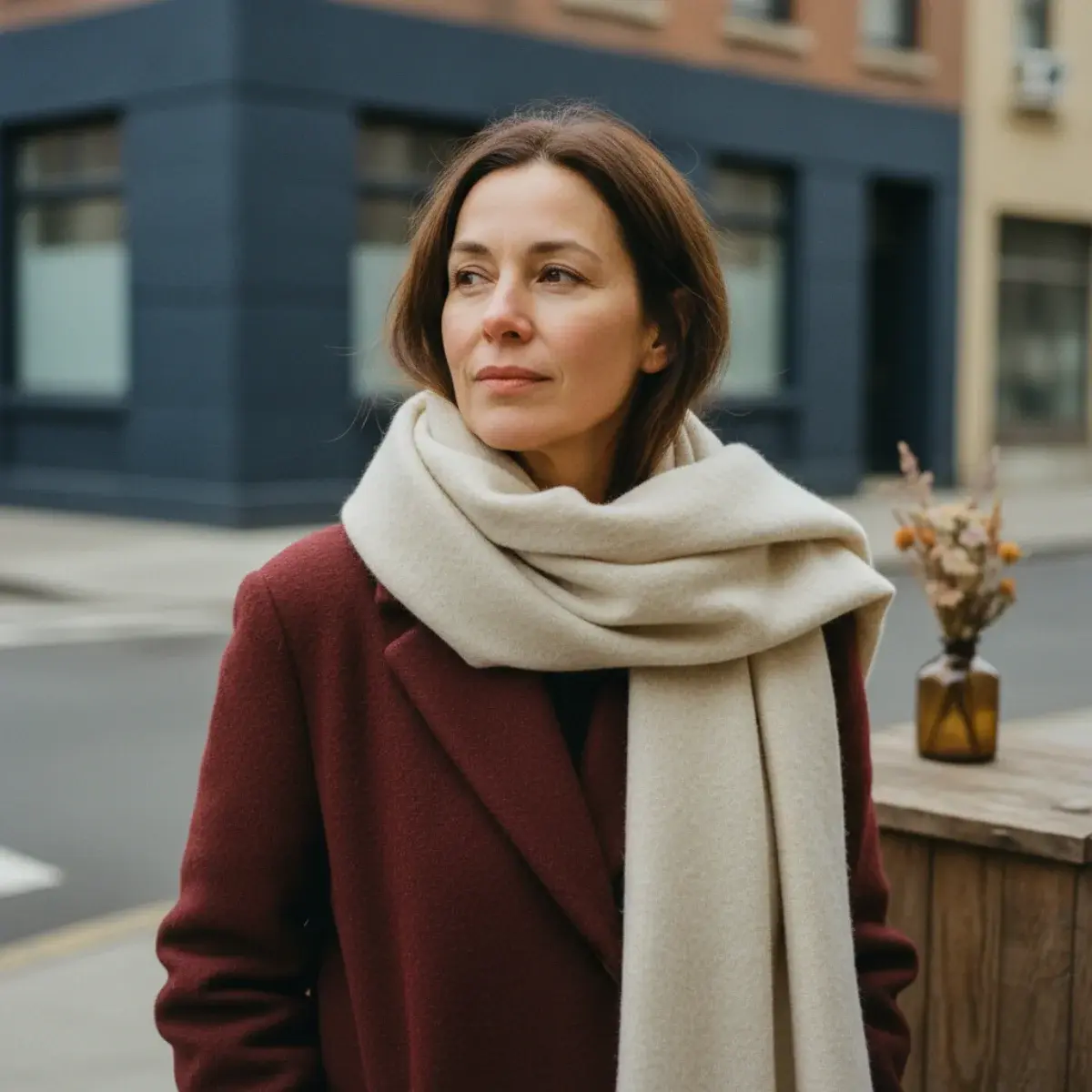 Silk scarves in the hair and on a bag: tied as a headband, around a ponytail, and knotted on a bag handle