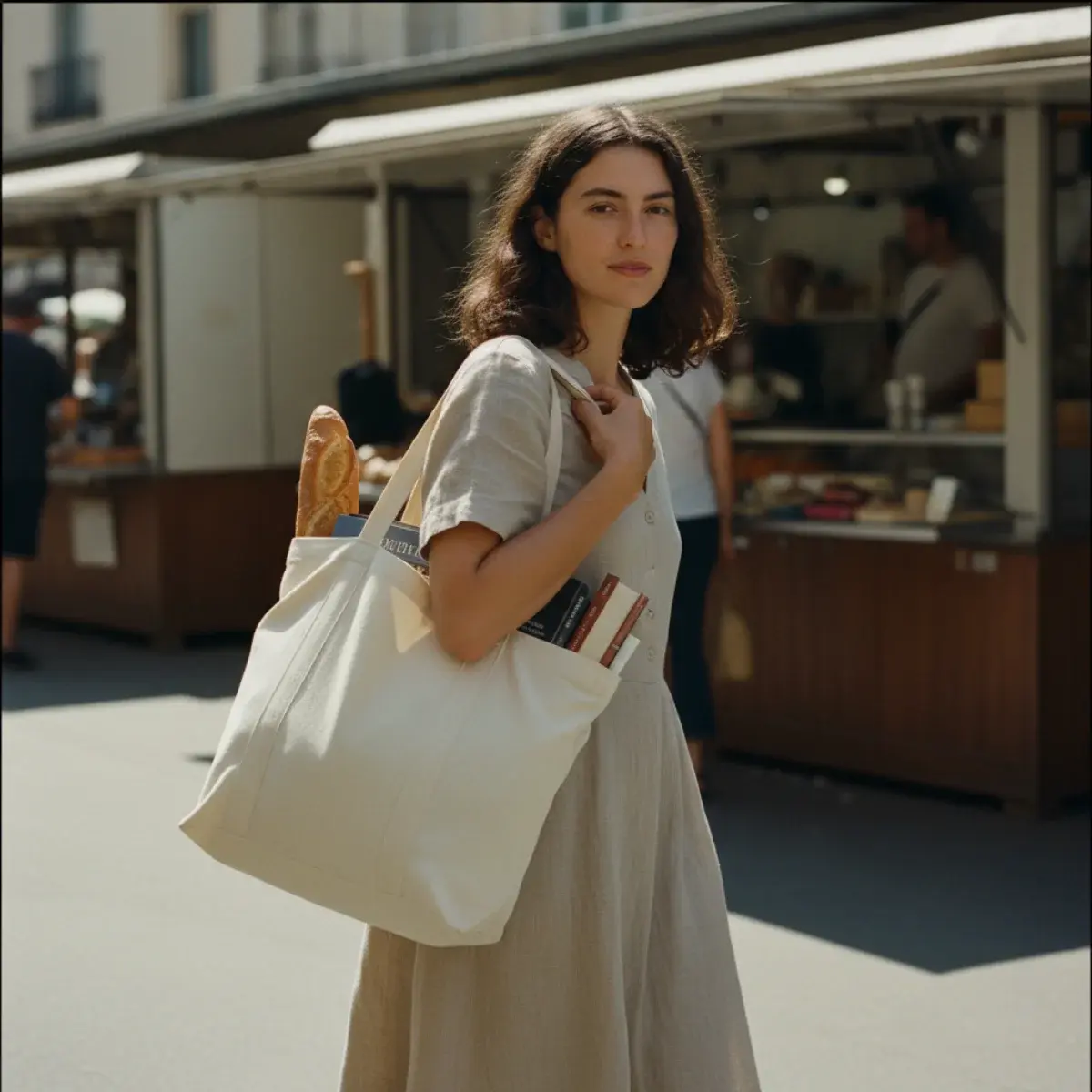 Grid of tote outfits: structured leather tote with tailoring for work, canvas tote with jeans, straw tote with a summer dress