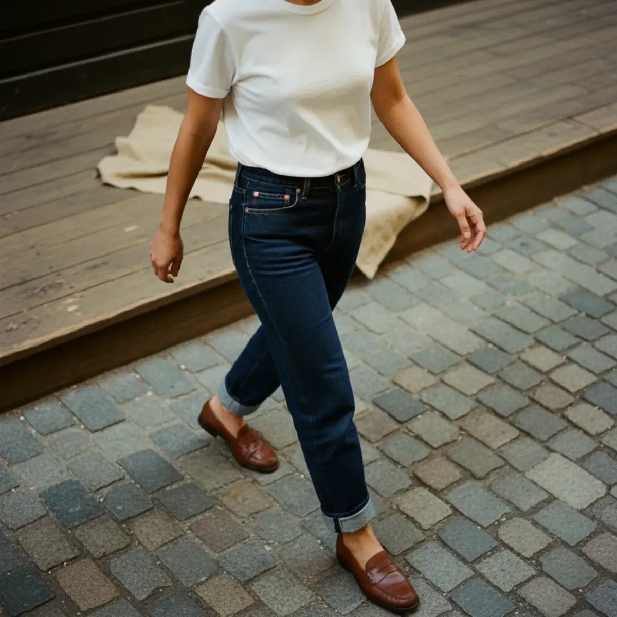 Grid of loafer outfits: cropped jeans and blazer, cigarette trousers and blouse, midi skirt with tights