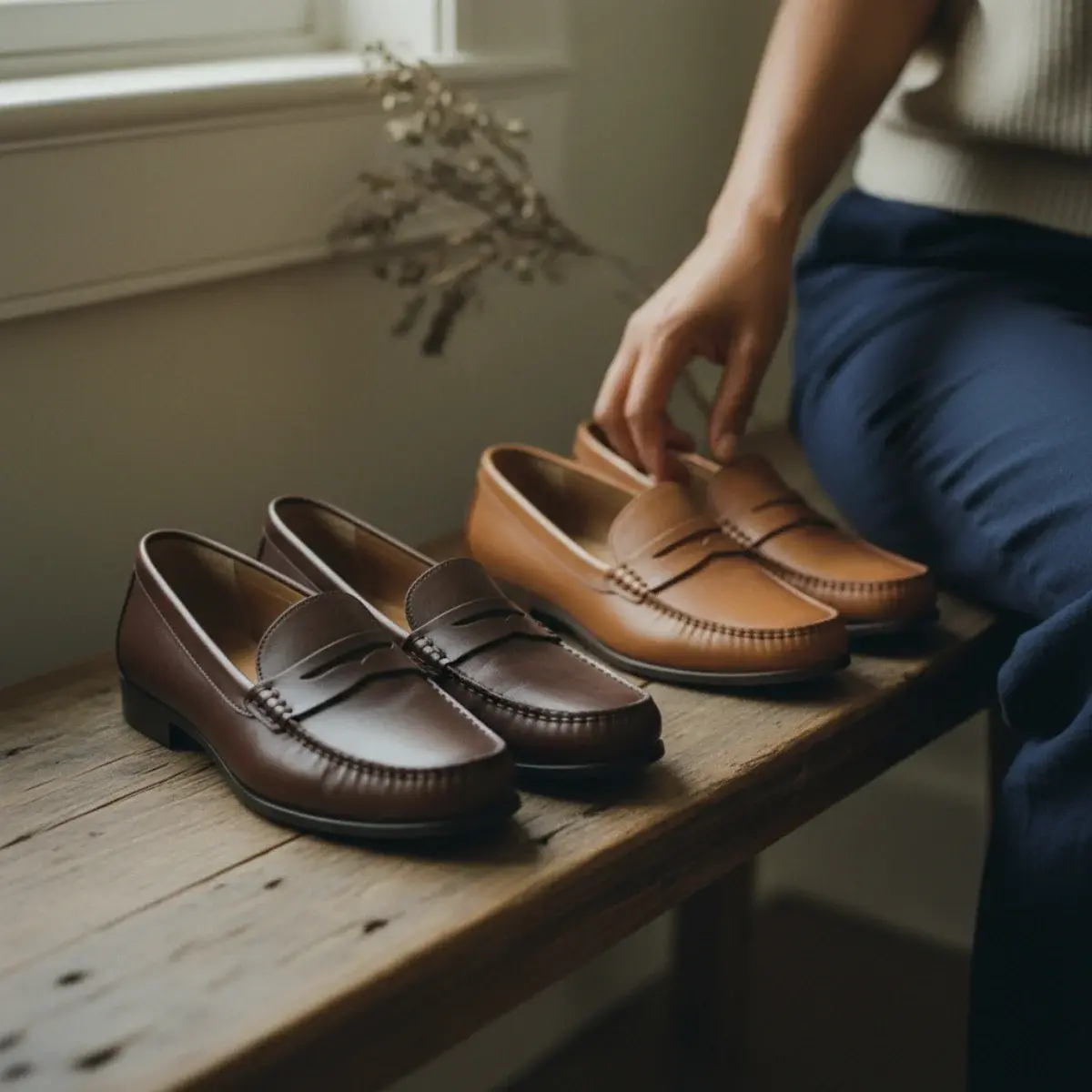 The old-money loafer look: classic leather penny loafers with tailored trousers, a fine knit, and a blazer