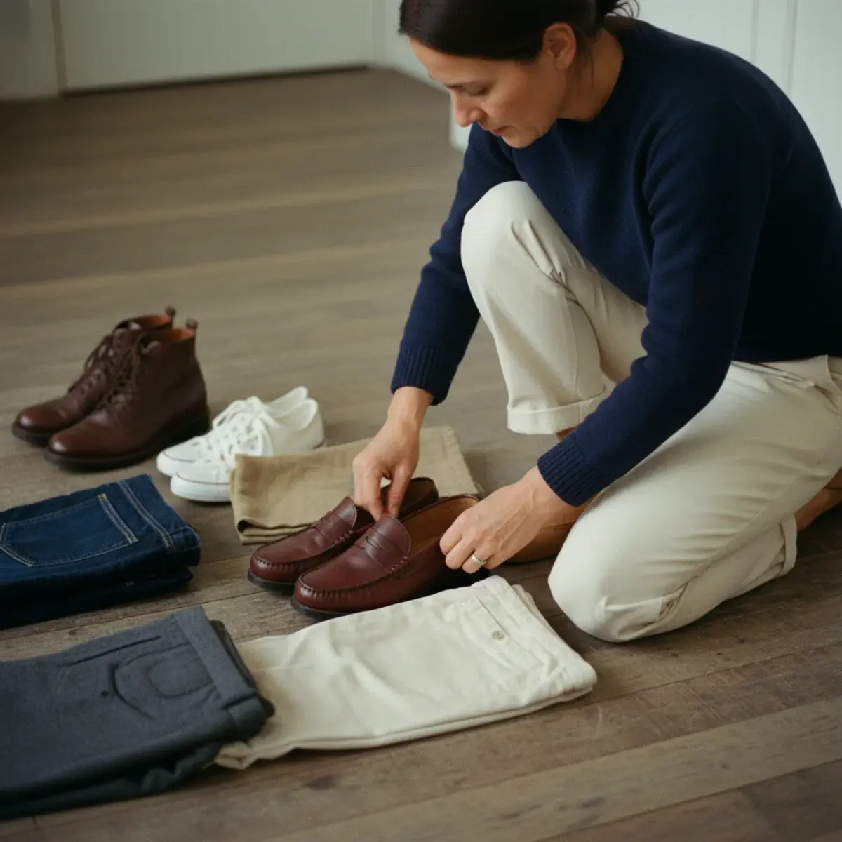 Shoe proportion: a nude heel lengthening the leg, a trouser hem grazing the shoe, an ankle boot filling a midi gap