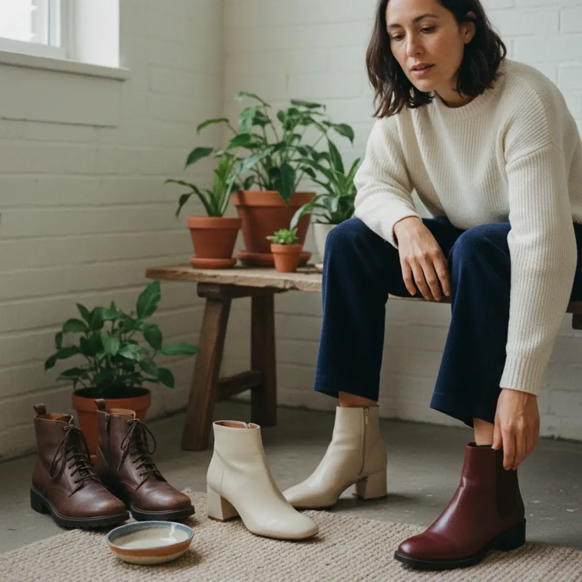 Grid of ankle boot outfits: cropped jeans and trench, knit midi with tights, tailored trousers with heeled boots