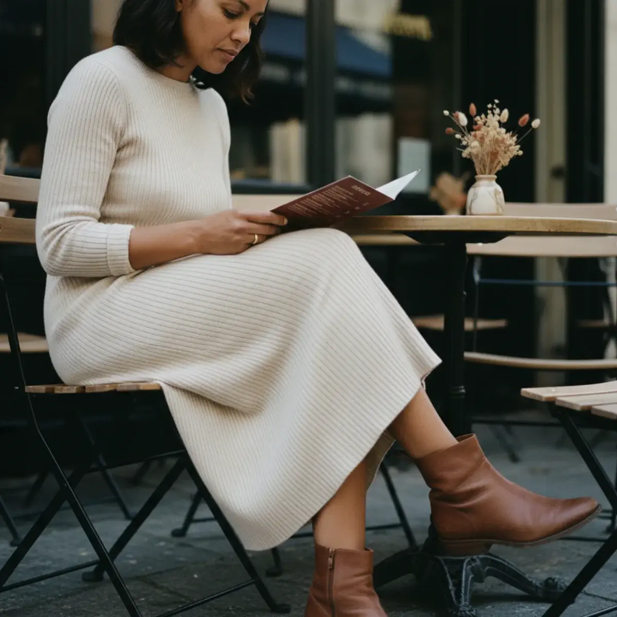 Ankle boots with dresses and skirts: a mini with bare legs, a midi with tonal tights unifying the leg