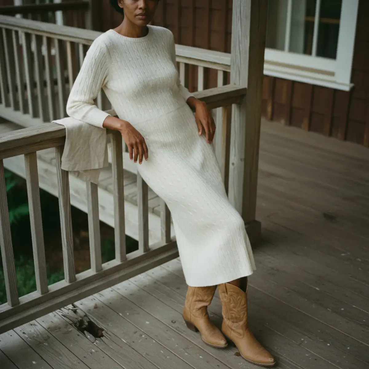 Grid of cowboy boot outfits: straight jeans and tee, slip dress and leather jacket, floral midi for a festival