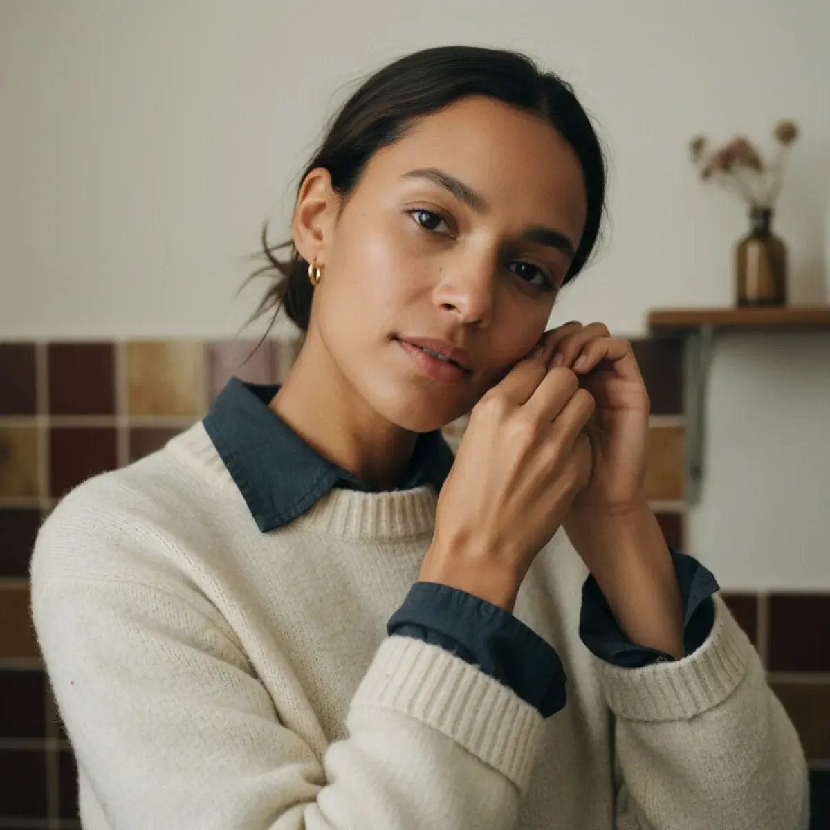 Layered necklaces in varied lengths, stacked rings, and stacked bracelets read as one intentional focal point