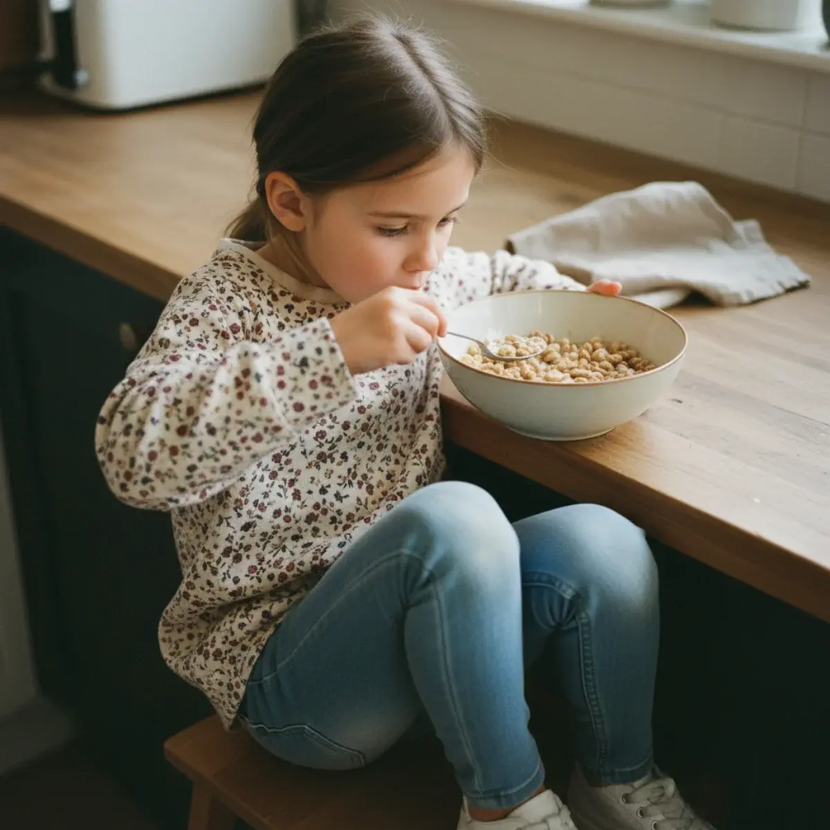 A heavyweight cotton long-sleeve top in a small floral print, paired with soft-denim jeggings, white cotton socks, and white trainers, laid out on a wooden floor