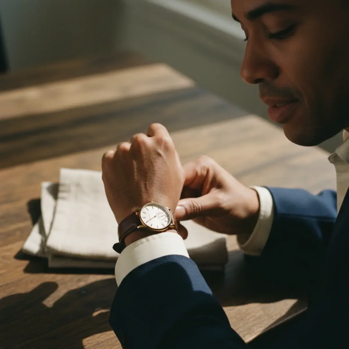 A leather-strap watch with a plain cream dial and slim silver hands resting on a folded chocolate suede jacket on a wooden surface