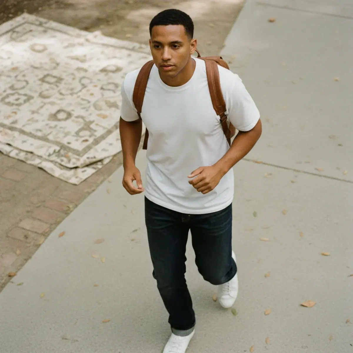 A heavyweight white t-shirt with dark indigo straight-leg jeans, white minimalist leather sneakers, a leather-strap watch, and a brown leather backpack