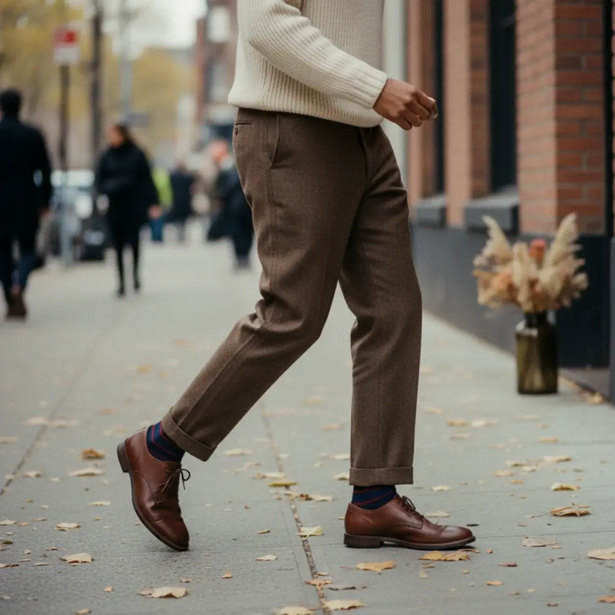 The cord trousers and cashmere knit