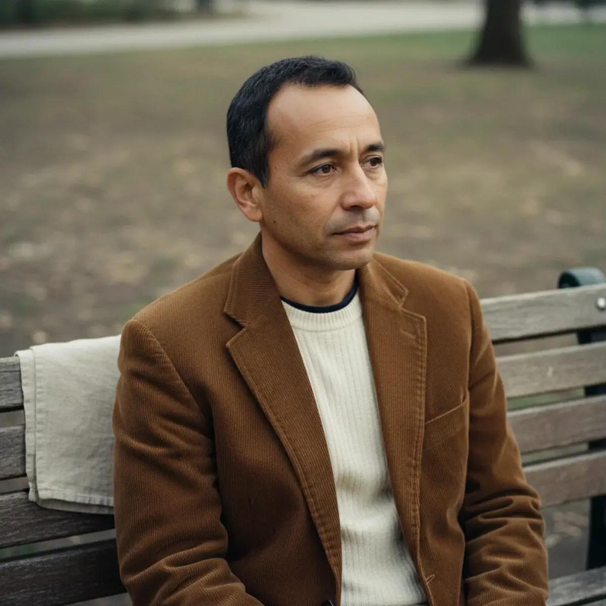 A herringbone tweed sport coat in earthy brown over an oatmeal fine-gauge merino crewneck, paired with mid-grey wool trousers and brown suede chukka boots