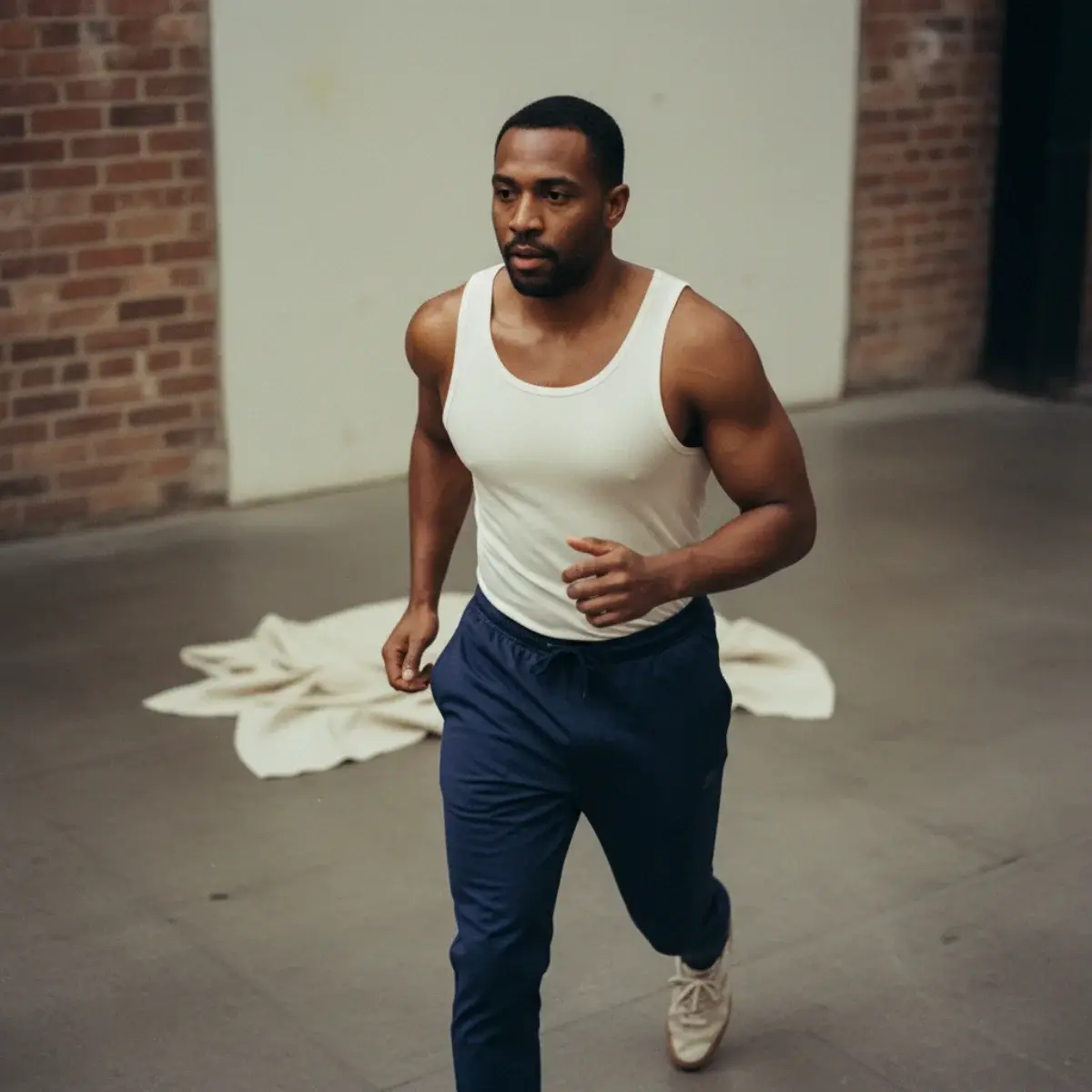 A fitted black technical t-shirt and charcoal 6-inch training shorts laid out next to a flat-soled training shoe on a gym floor