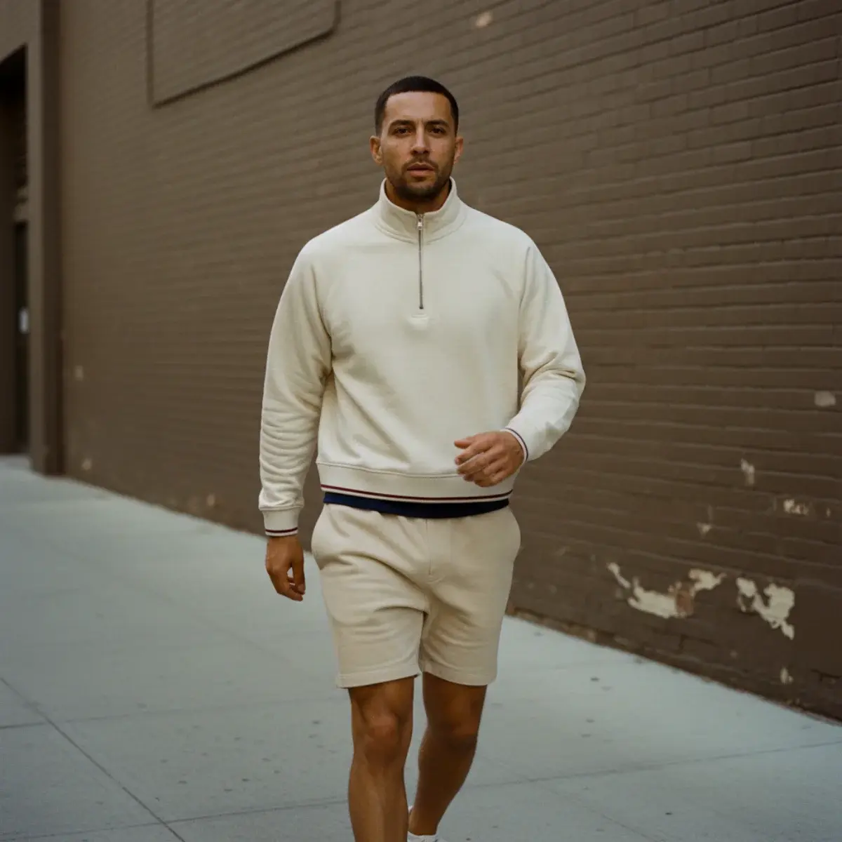 A man in dark heavyweight joggers, a fitted charcoal t-shirt, and a black quarter-zip walking through a quiet street with a gym bag over one shoulder