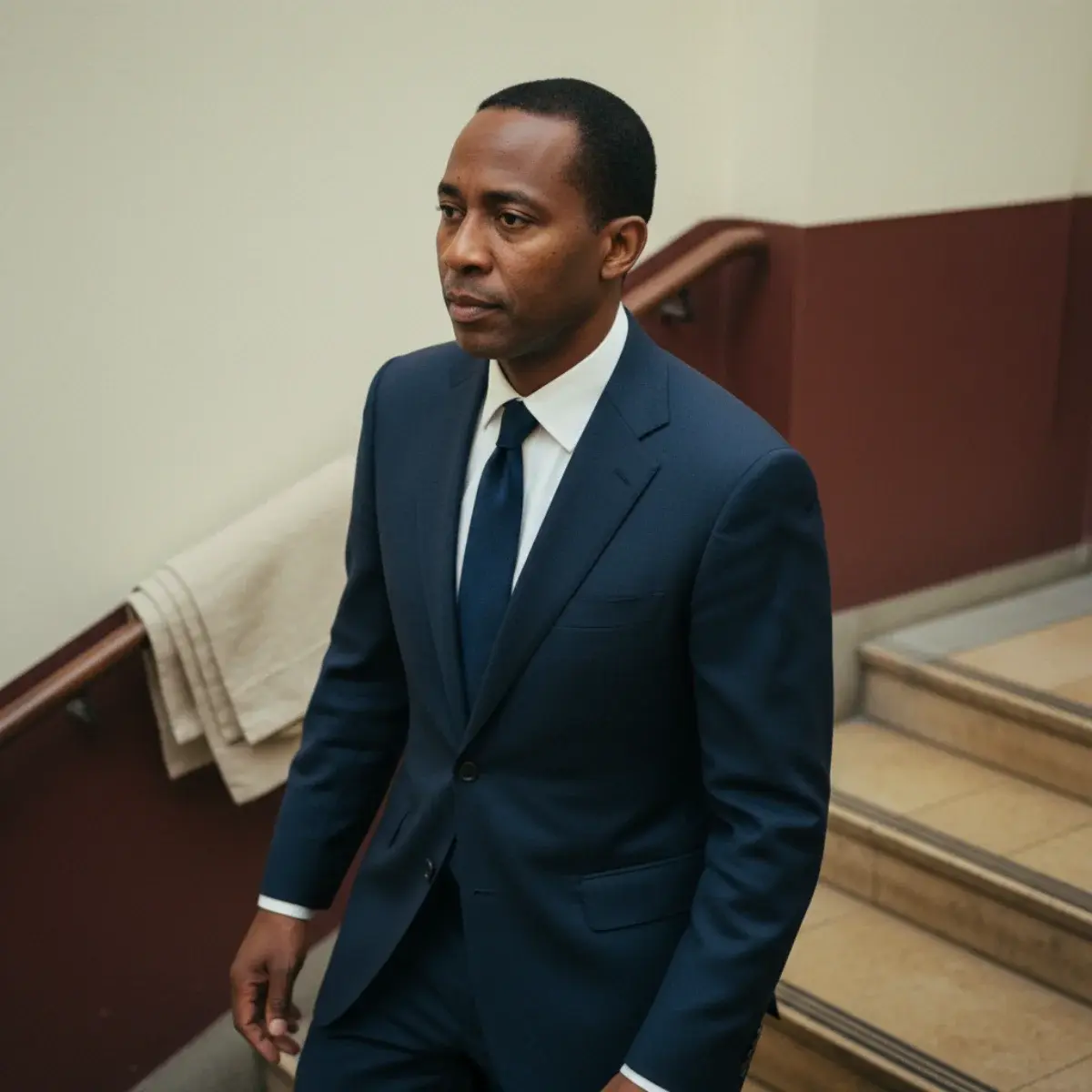 A mid-navy two-piece wool suit worn with a white poplin shirt, a navy grenadine silk tie, and oxblood leather oxford shoes