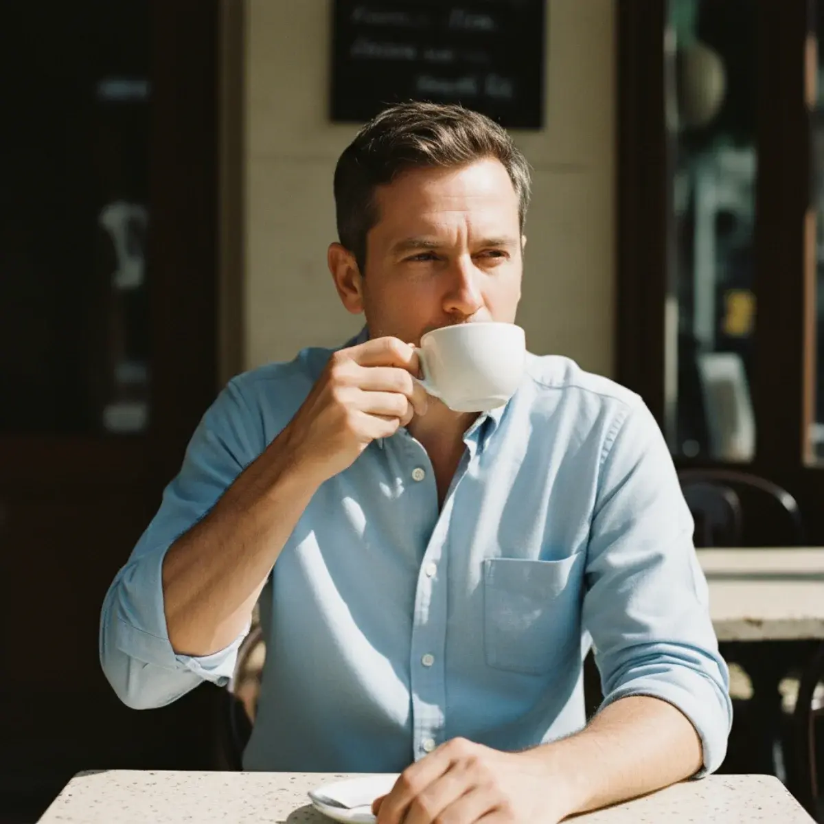 A faded mid-blue denim jacket worn over a white oxford-cloth shirt, paired with dark indigo straight-leg jeans and brown suede chukka boots