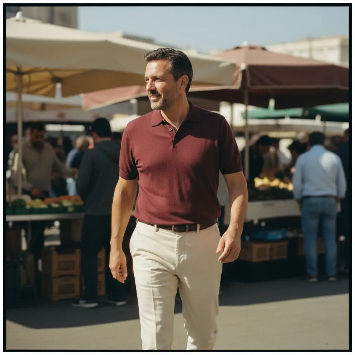 A navy fine-gauge polo tucked into stone-coloured cotton chinos with a brown leather belt and dark brown penny loafers