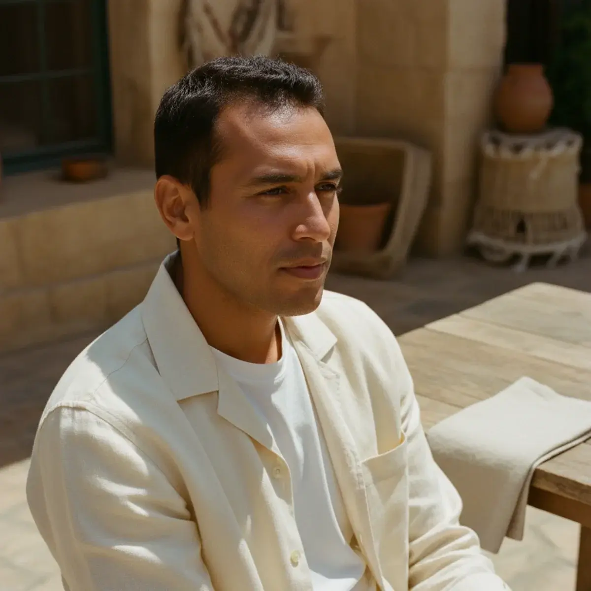 A heavyweight white t-shirt half-tucked into stone cotton chinos, paired with tan leather slide sandals and a leather-strap watch