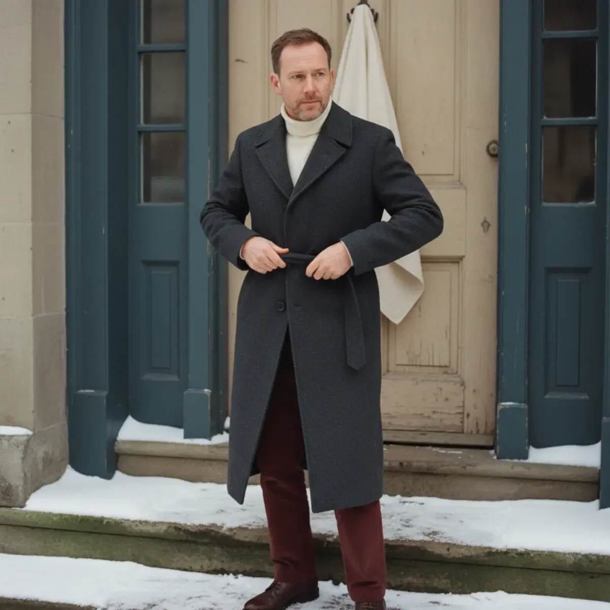 A camel wool overcoat worn open over an oatmeal fine-gauge merino crewneck and dark indigo straight-leg jeans, with brown leather Chelsea boots