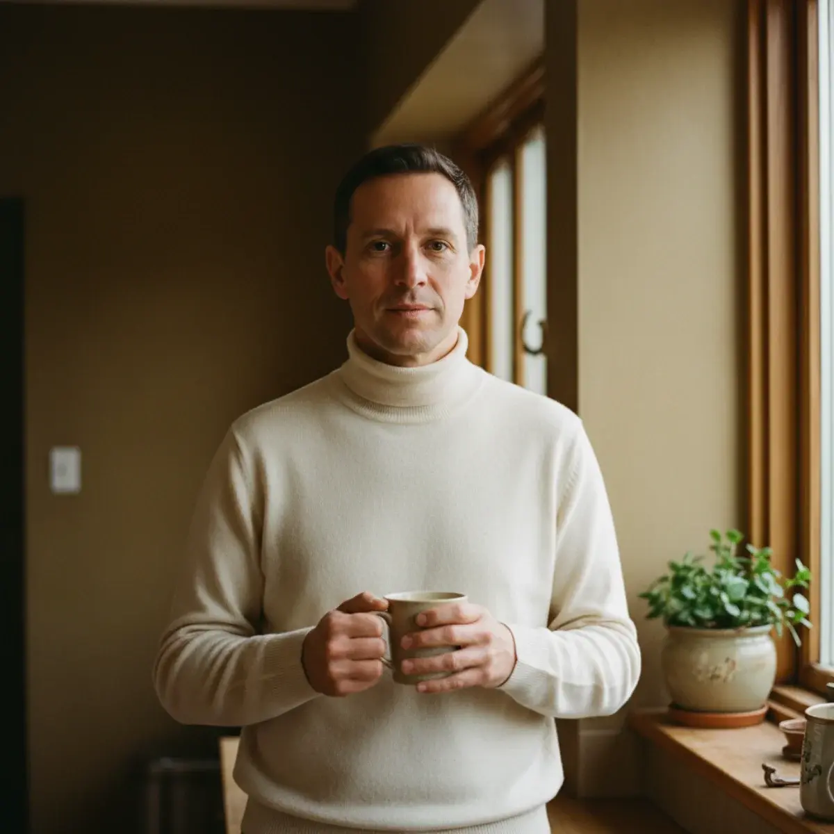 The roll-neck under the overcoat