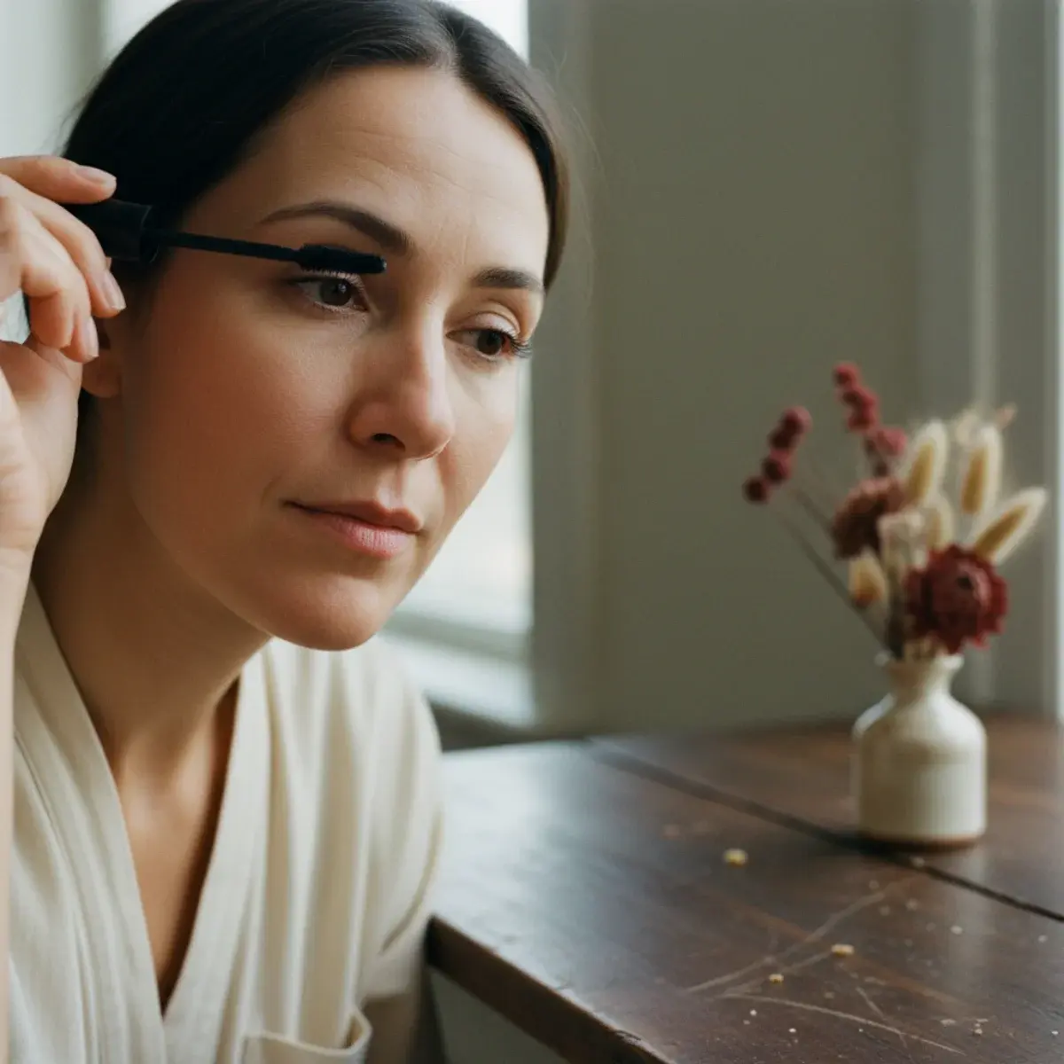 Applying a sheer base for natural makeup: a thin tinted moisturiser blended with a sponge, targeted concealer