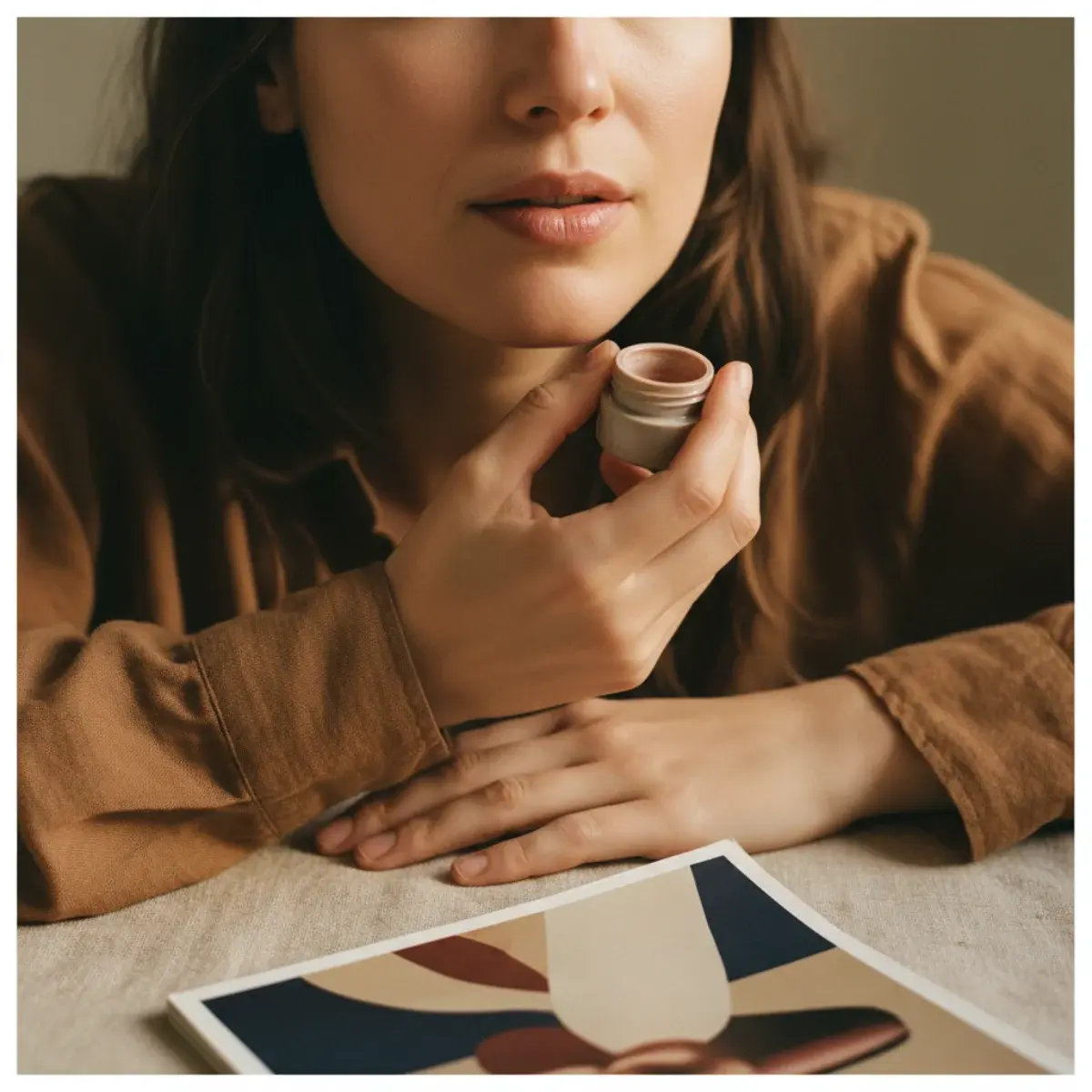 Adding cream blush for natural makeup: a soft tone tapped onto the apples of the cheeks and blended up