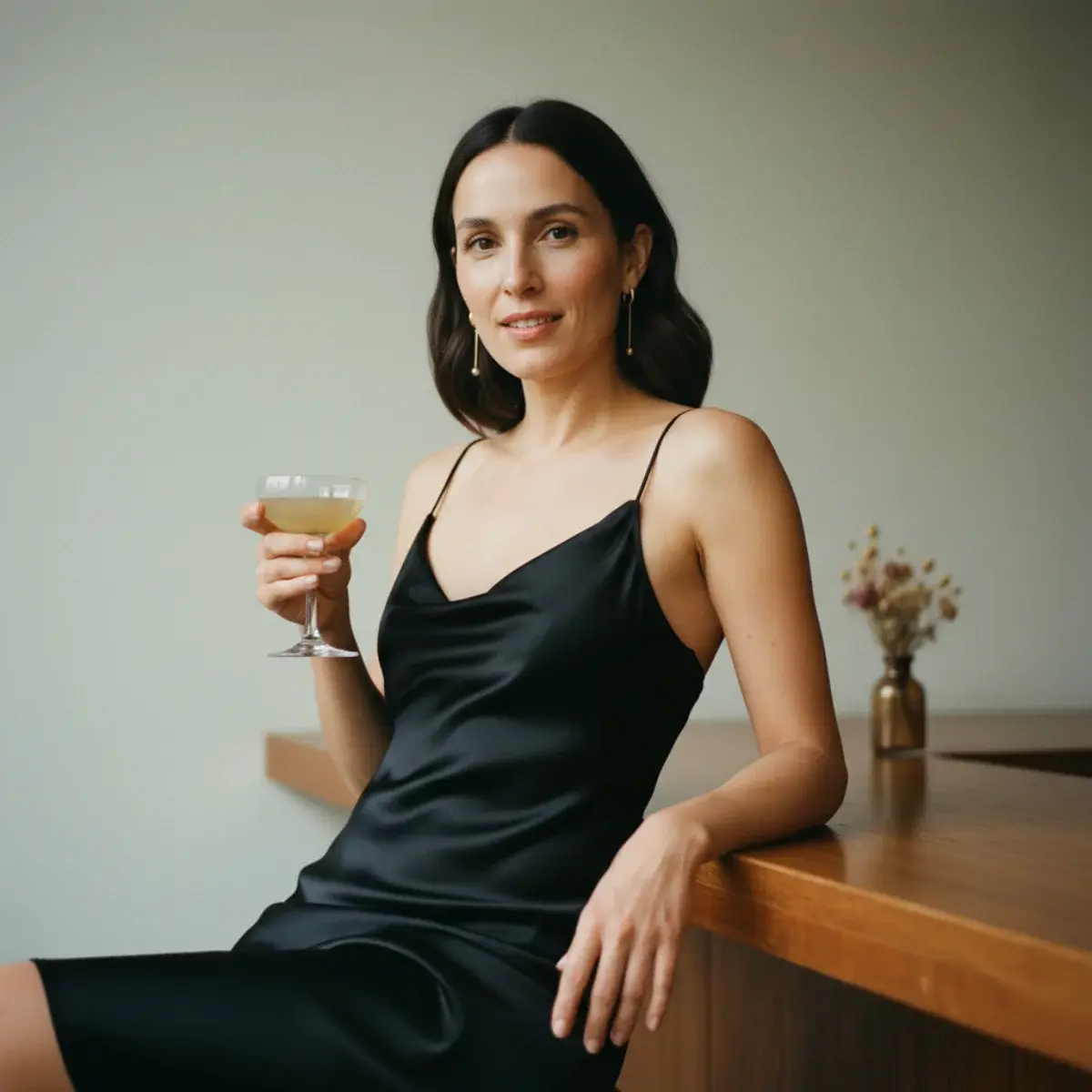 Casual gathering outfit: a wrap midi dress with flat sandals and a straw bag for a brunch