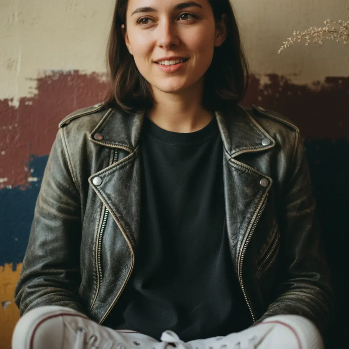 Woman in dark jeans, a silk top, and heeled boots with a jacket for a dinner date