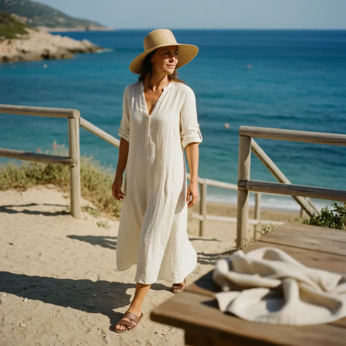 Woman in a linen beach dress and sandals with a straw bag on a sunny resort terrace